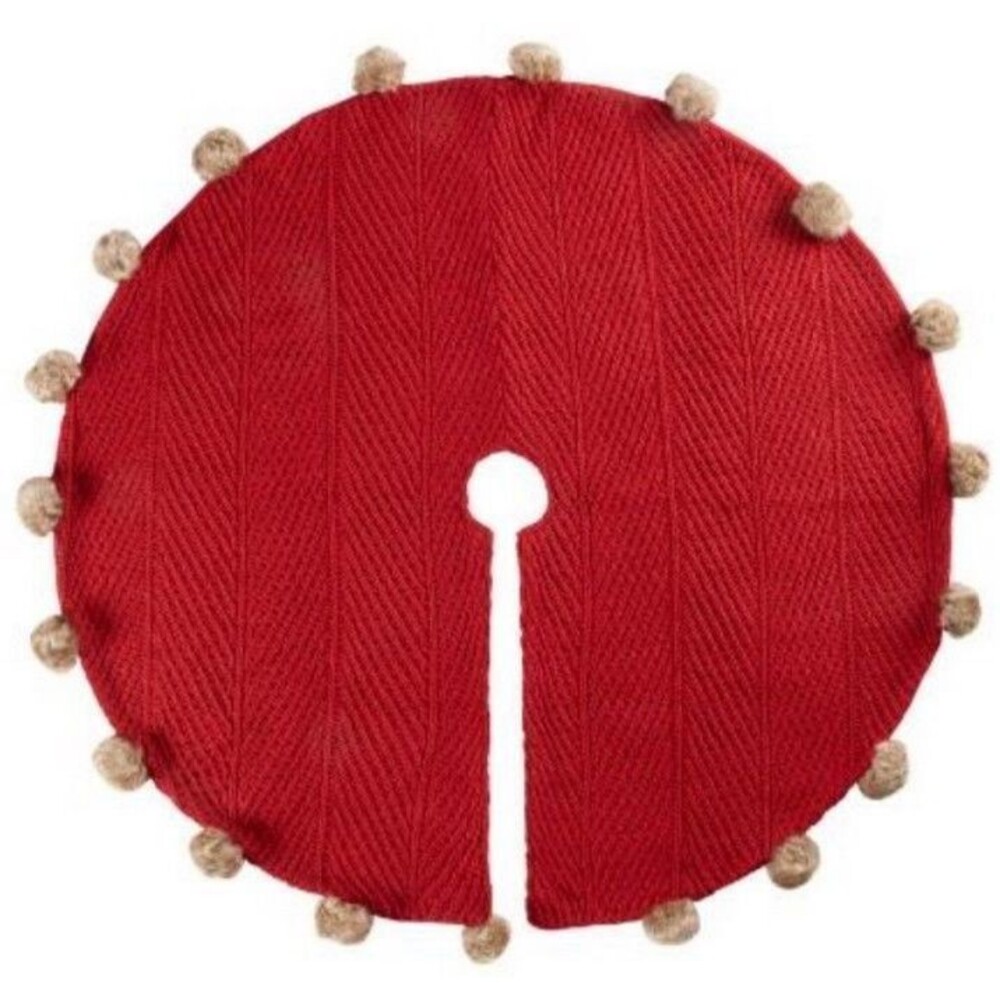 Christmas Tree Skirt Red Cable Knit Faux Fur Pom-Pom Holiday 51” Round